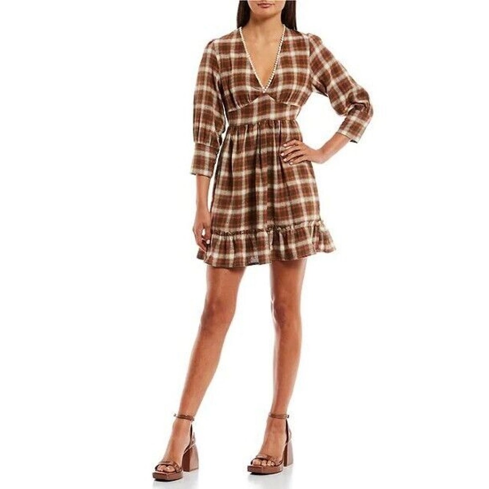 Coco + Jaimeson Junior's Plaid Flannel Ruffle Hem Dress Sz L Brown Cream V-Neck